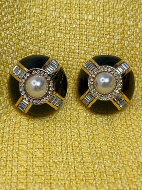 Vintage St. John Black Enamel Button Earrings with Faux Pearl, Crystal Accents